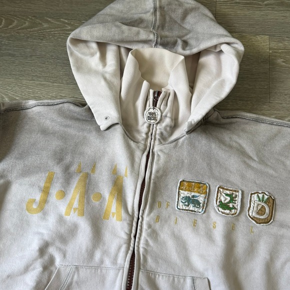 Vintage Diesel Full Zip Hoodie Cream Patches XL Grunge Y2K - Picture 1 of 11